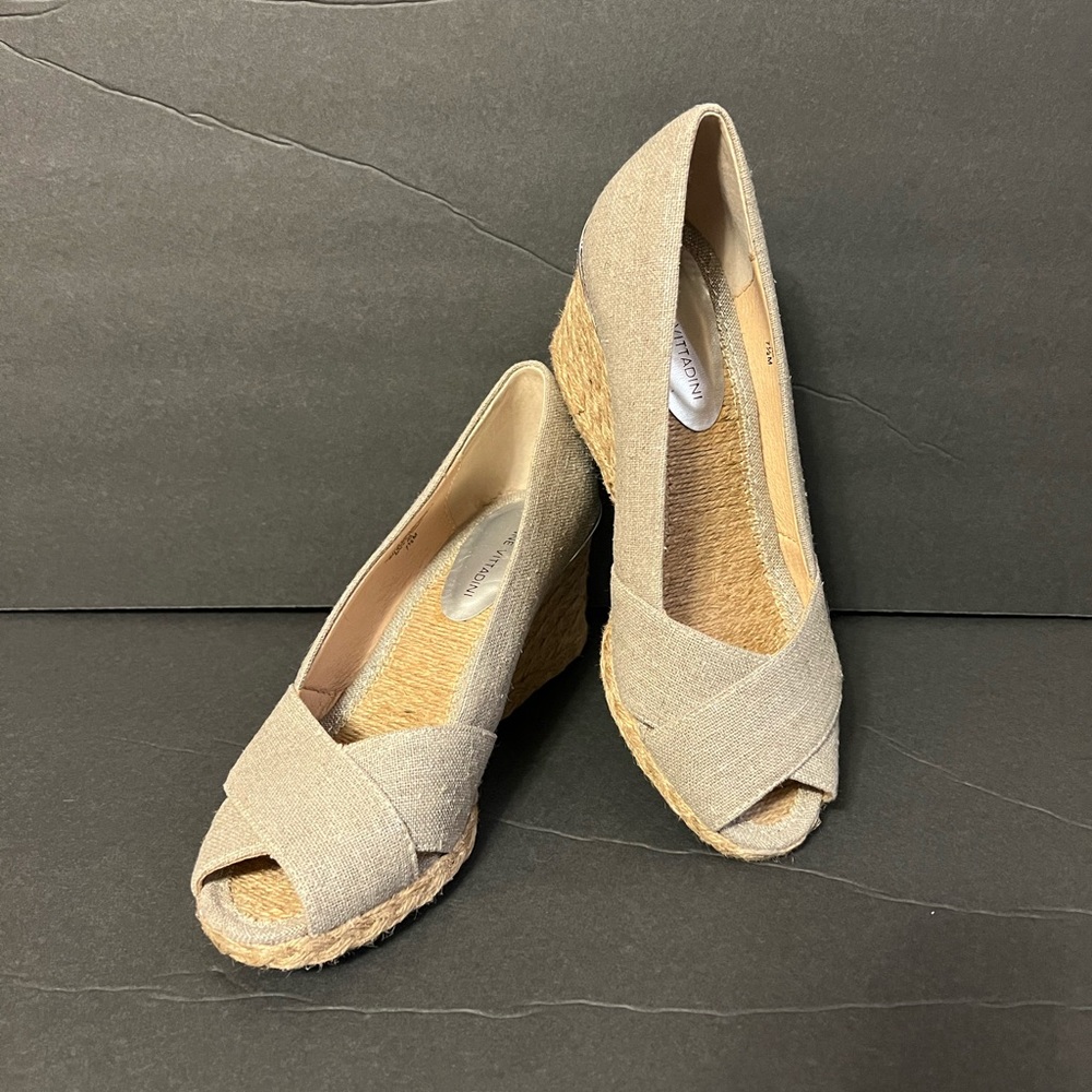 Adrienne Vittadini Beige Espadrille Wedge Peep Toe Heels
